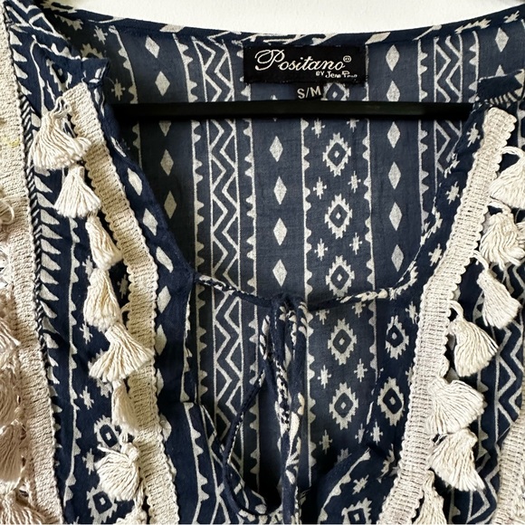 Blue Boho Chic Block Mix Match Print Tiered Mini Dress, Ties and Tassels/AU12 - Picture 6 of 7